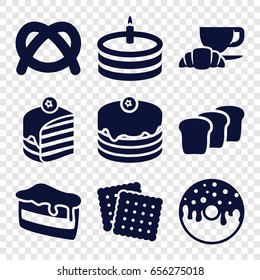 Bakery icons set. set of 9 bakery filled icons such as cookies, piece of cake, cake, donut, coffee and croissant, bread