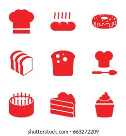 Bakery icons set. set of 9 bakery filled icons such as cake, donut, bread slices, muffin, chef hat, bread