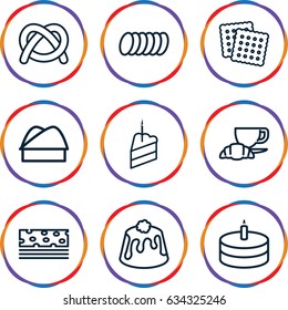 Bakery icons set. set of 9 bakery outline icons such as cookies, coffee and croissant, pie, piece of cake, cake, chef hat, cookie