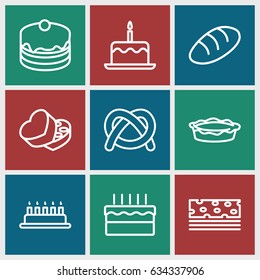 Bakery icons set. set of 9 bakery outline icons such as bread, cake with one candle, cake, pie, sweet box, pretzel