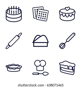 Bakery icons set. set of 9 bakery outline icons such as cookies, piece of cake, pie, heart lock, chef hat, chef hat and spoon, corolla, dough pin
