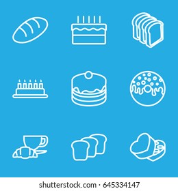 Bakery icons set. set of 9 bakery outline icons such as bread, cake, donut, bread slices, coffee and croissant