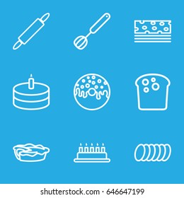 Bakery icons set. set of 9 bakery outline icons such as donut, pie, cake, cookie, corolla, dough pin, bread