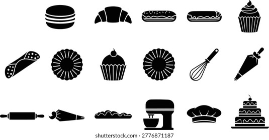 Bakery icons set with bread pastry baking tool elements in black