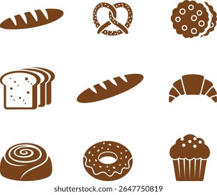 Bakery Icons Set: Bread, Pretzel, Cookies, Croissant