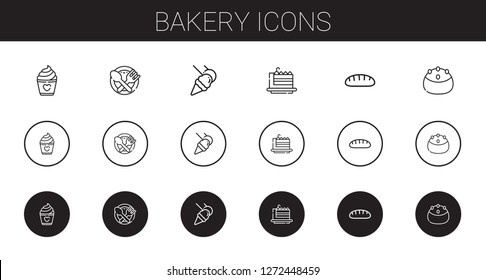bakery icons set. Collection of bakery with cake, food, food and restaurant, cake slice, bread. Editable and scalable bakery icons.