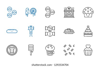 bakery icons set. Collection of bakery with cupcake, sprinkles, muffin, sweet, bread, wedding cake, cake, chef, baguettes, cup cake, restaurant. Editable and scalable bakery icons.