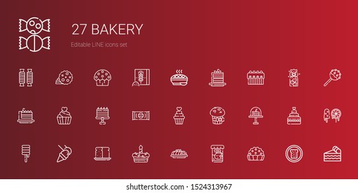 bakery icons set. Collection of bakery with pie, fish food, cake, bread, food and restaurant, sweet, muffin, cupcake, cake slice, piece of cake. Editable and scalable bakery icons.