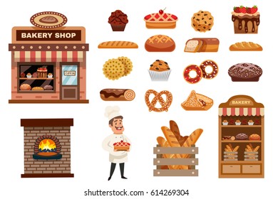 Bakery icons set with cook figurine bakery shop and baked goods collection flat isolated vector illustration 
