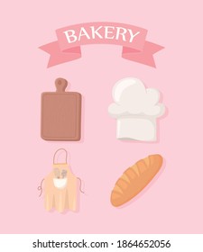 bakery icons set cutting board hat bread and apron vector illustration