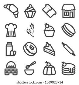 Bakery Icons. The set includes various confectionery products, as well as methods and means of their preparation and sale. Vector on a white background.