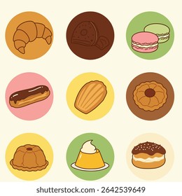Ícones de padaria Definir pastéis com bolos e doces.
