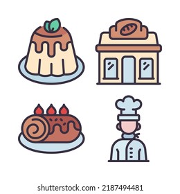 bakery icons set = pudding, store, roll cake, chef. Perfect for website mobile app, app icons, presentation, illustration and any other projects