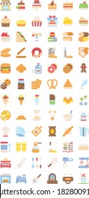 bakery icons set related gloves, cakes, cone ice cream, tong, pizza, chocolate, weight scale, bill machine, wheat, burger, donut, owan, biscuits jar, bread, and blender vectors in flat style
