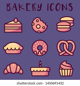 Bakery icons. A set of sweet products. icons of sweets. Donut, cake, cupcake, candy, muffin, croissant, pie. 