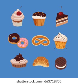 bakery icons set, various sweets bakery products, hand drawn style colorful vector illustration, isolated on a blue color background.
