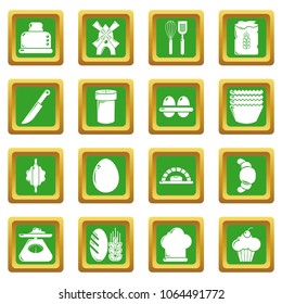 Bakery icons set vector green square isolated on white background 