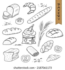 Bakery icons set. Vector hand-drawn illustration with baking bread, baguette, croissant, toast bread, a bag of flour, sprigs of wheat, pretzel, poppy seed roll, loaf, and others.