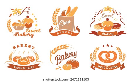 Bakery icons. Set of vector labels of bread, pastries and sweets bakery. Isolated signs and symbols for bakery and shop. Fresh and natural bread, rolls, baguettes, donuts, bagels and croissants