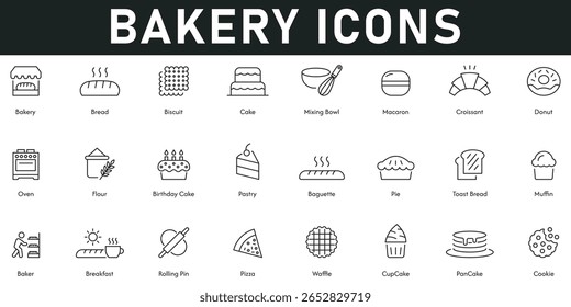 Bakery Icons vector illustration with thin line editable stroke containing bread biscuit cookie cupcake waffle baker pastry flour oven donut croissant baguette pie pancake breakfast.
