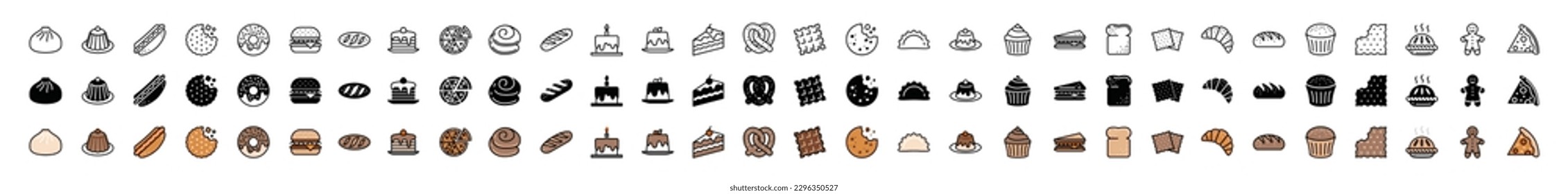Bakery icons vector set. Bread, cupcake, pancake, donut, cake, pudding, biscuit, cookies, pie, humberger, pizza, sandwich, hot dog icon collection for apps and website symbol illustration
