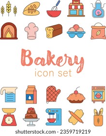 Bakery icons vector set. Bread, oven, apron, chef's hat, egg, cake, milk, pie, weight, pastry, beater, gloves, dough, rolling pin illustration and bakery typography
