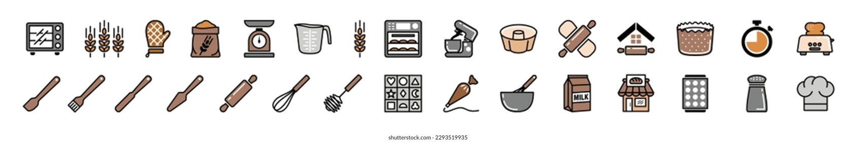 Bäckereisymbole Vektorgrafik im Farbstil gesetzt. Ofen, Walzstift, Weizen, Mehl, Shop, Waage, Timer, Mikrowelle, Whisk, Spatel, Bürste, Utensilien, Milch, Koch-Hut, Messbecher und andere. Vektorgrafik