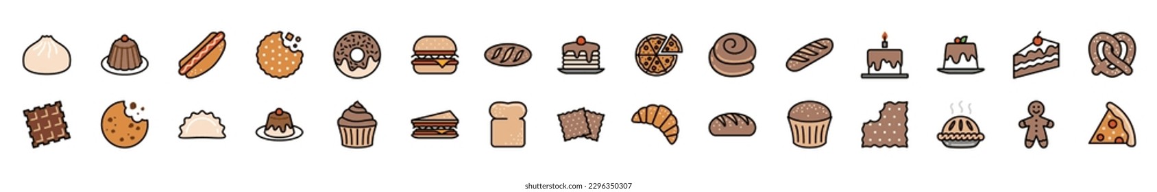 Bakery icons vector set in colors style. Bread, cupcake, pancake, donut, cake, pudding, biscuit, cookies, pie, humberger, pizza, sandwich, hot dog icon for apps and website symbol illustration