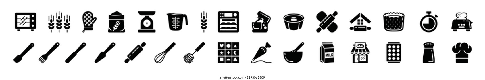 Bakery icons vector set in flat style. Oven, rolling pin, wheat, flour, scale, timer, shop, microwave, whisk, spatula, brush, utensile, milk, chef hat, measuring cup and other. Vector illustration