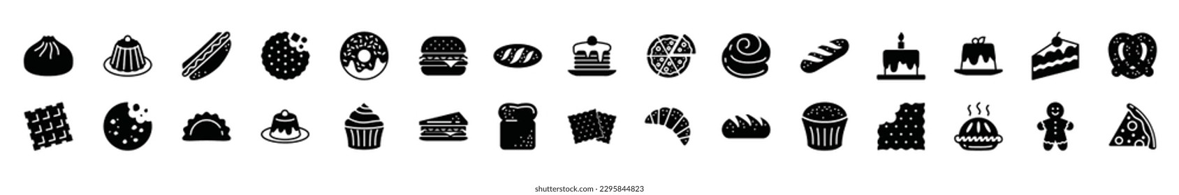 Bakery icons vector set in flat style. Bread, cupcake, pancake, donut, cake, pudding, biscuit, cookies, pie, humberger, pizza, sandwich, hot dog icon for apps and website symbol illustration