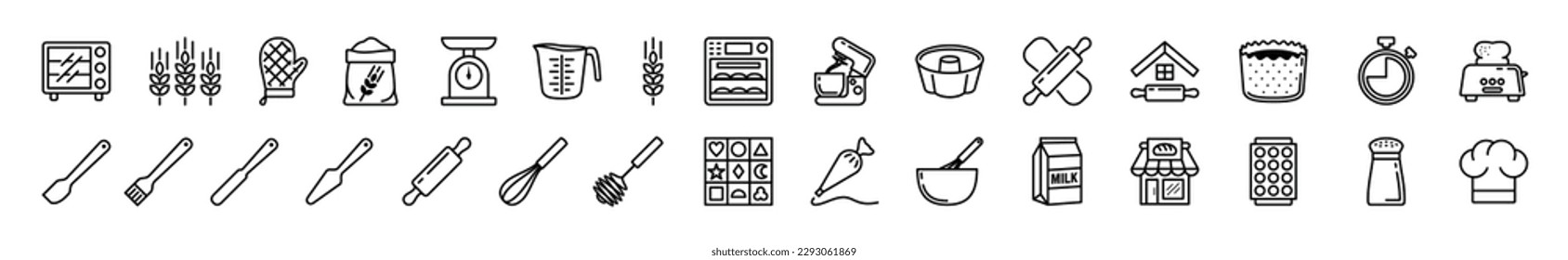 Bäckereisymbole, Vektorgrafik im Strichstil. Ofen, Walzstift, Weizen, Mehl, Waage, Timer, Shop, Mikrowelle, Whisk, Spatel, Bürste, Utensilien, Milch, Koch-Hut, Messbecher und andere. Vektorgrafik