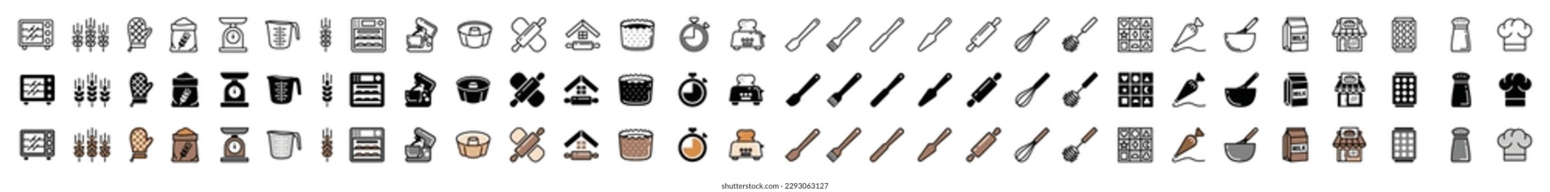 Bakery icons vector set in line, flat, and color style. Oven, rolling pin, shop, wheat, flour, timer, microwave, whisk, spatula, utensile, milk, chef hat, measuring cup and other. Vector illustration