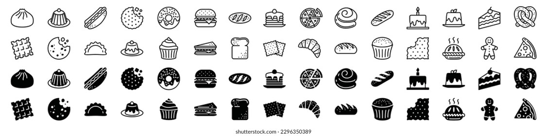 Iconos vectoriales de panadería establecidos en línea y estilo plano. Pan, quequitos, panqueque, donut, torta, budín, galletas, tarta, humberger, pizza, sandwich, icono de hot dog y símbolo de sitio web