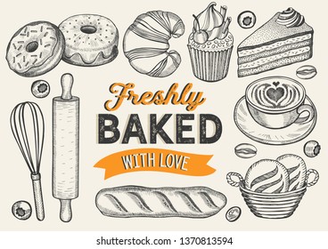 Bakery illustration - cake, donut, croissant, cupcake, muffin for restaurant. Vector hand drawn poster for food cafe and pastries truck. Design with lettering and doodle vintage graphic.