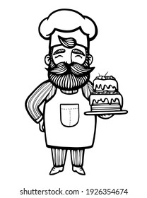 Bakery illustration. Hand drawn line vector illustration of chef-cooker with a mustache and beard with cake. chef cake logo.
