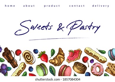 bakery illustration. pastry banner, background or sweets shop landing page template. horizontal border, frame with desserts and place for text. baking label. for package design, patisserie signboard