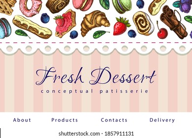 Bakery Illustration. Pastry Banner, Background, Sweets Shop Landing Page Template. Horizontal Border, Lace Frame With Desserts And Place For Text. For Package Design, Patisserie Poster, Pastry Label