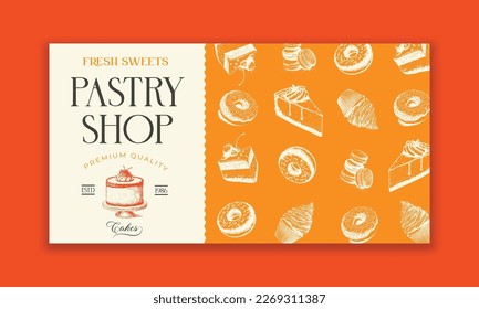 bakery illustration. pastry banner, background, sweets shop landing page template. horizontal border, lace frame with desserts and place for text. for package design, patisserie poster, pastry label