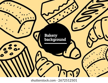 bakery illustration with soft brown background, food packaging, menu illustration hand drawn print ads, food business, bakery