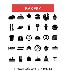 Bakery illustration, thin line icons, linear flat signs, vector symbols, outline pictograms set, editable strokes