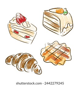 Bakery illustration vector. hand drawn like Strawberry cake, carrot cake, waffles.
