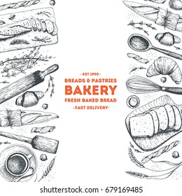 Bakery illustration. Vintage card with bread, toast, buns and croissant. Engraved style vector illustration.