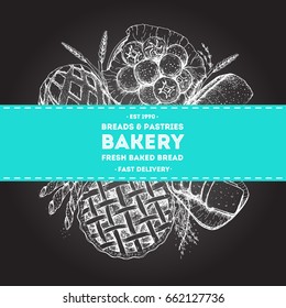 Bakery illustration. Vintage frame with bread. Engraved style vector illustration.