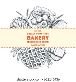 Bakery illustration. Vintage frame with bread. Engraved style vector illustration.