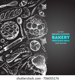 Bakery illustration. Vintage frame with bread, toast, pie, buns and croissant. Engraved style vector illustration.