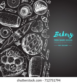 Bakery illustration. Vintage frame with bread, toast, pie, buns and croissant. Engraved style vector illustration