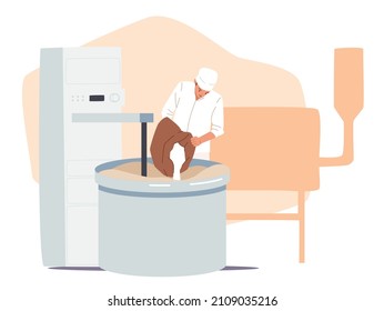 Bakery Industry, Baked Food Producing and Manufacture Process. Worker in Uniform Prepare Fresh Bread Pouring Flour to Huge Container for Mixing Dough in Bakehouse Factory. Cartoon Vector Illustration