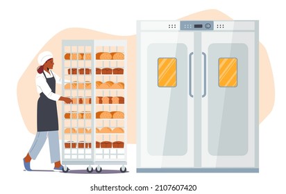 Bakery Industry Factory Technologies, Baking Plant Working Process. Baker in White Robe Rolling Special Metal Trolley with Raw Bread Loafs to Put into Huge Oven for Baking. Cartoon Vector Illustration