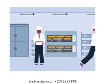 Bakery industry, female and male chef are working on the process of making bread in the production room. Character design. Vector flat illustration