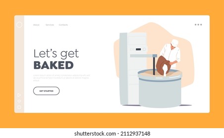 Bakery Industry Landing Page Template. Baked Food Producing and Manufacture Process. Worker in Uniform Prepare Fresh Bread Pouring Flour to Huge Container for Mixing Dough. Cartoon Vector Illustration